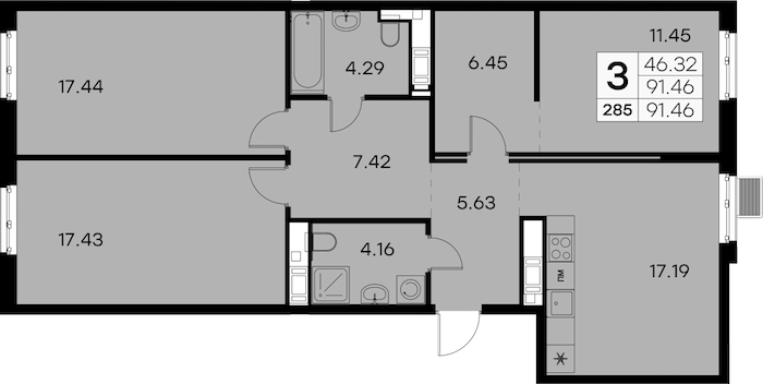 3-комнатная квартира 91.46 м², 6/7 эт., ЖК «Glorax City Балтийская»